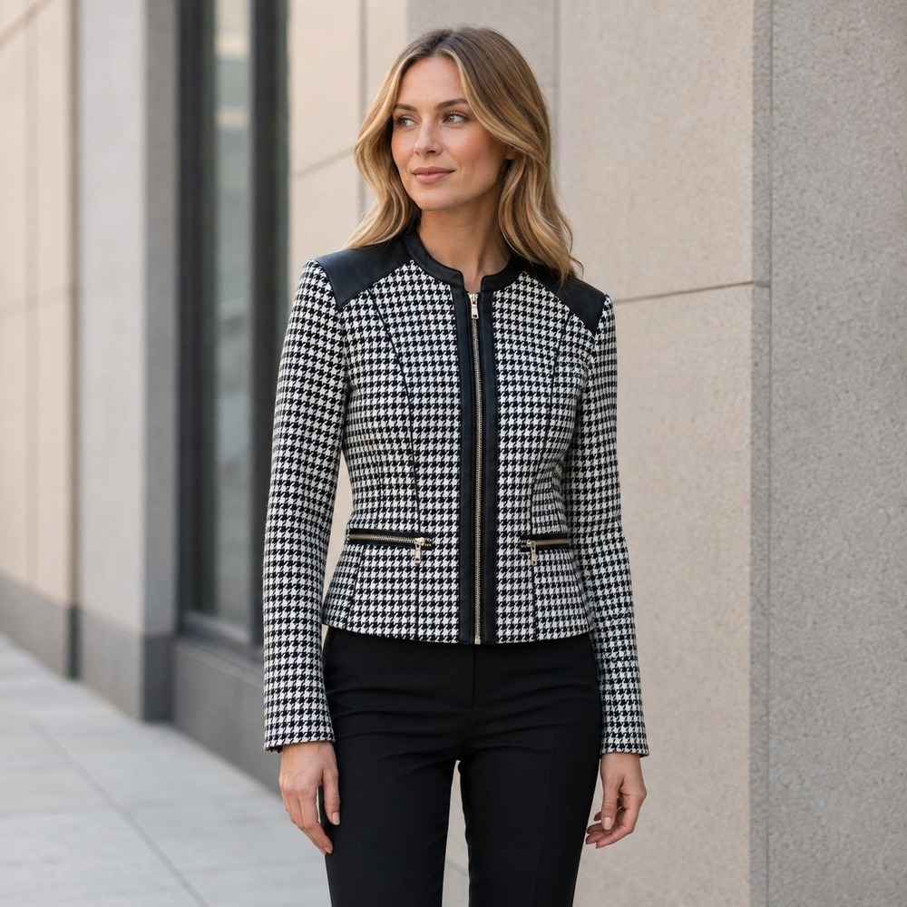 H&M Houndstooth Fitted Zip Jacket Faux Leather Trim Black White US 4